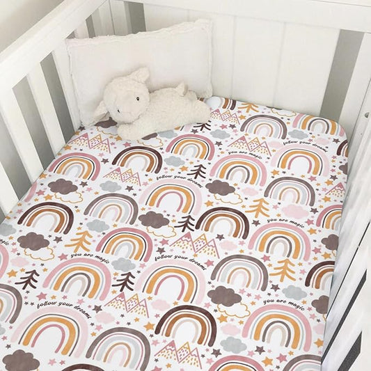 Colorful Boho Rainbow Baby Crib Sheet 52''x28'' Cute Rainbow Mountain Trees Clouds Stars Fitted Crib Mattress Cover for Boy Girl Soft Bed Sheet for Standard Size Crib and Toddler Mattresses