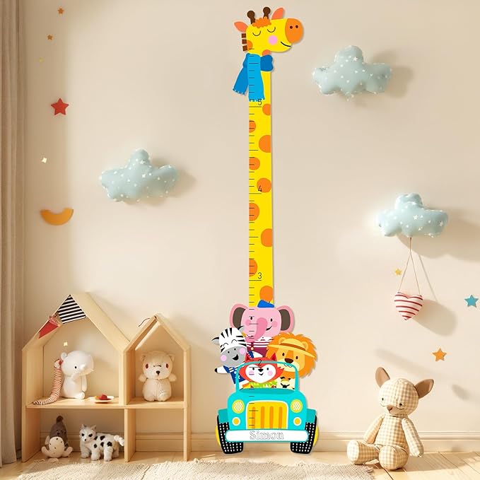 Woodemon Personalized Name Wooden Growth Chart for Wall, Animal Travel Wood Baby Height Growth Chart Wall Kids Room Nursery Wall Decor