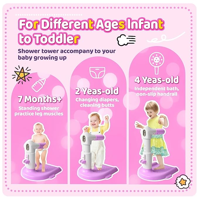 Baby Bath with Shower Stand Support ,Baby standing support Adjustable Toddler Shower Tower with Anti-Pinch & Anti-Slip Design,Infant Safety,Ideal Gift for baby standing bath 6-36 Months(Purple)