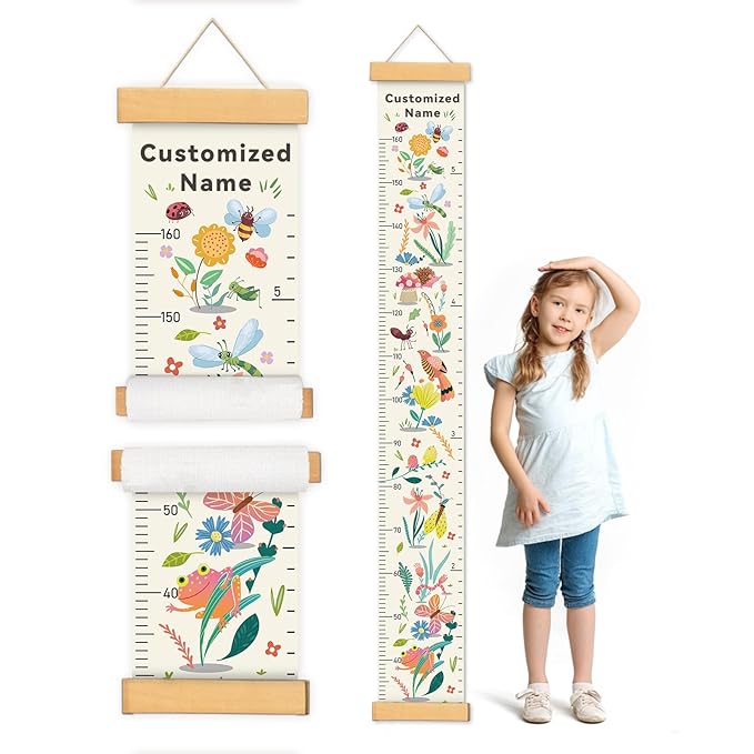 Woodemon Personalized Name Growth Chart for Wall, Flower Birds Canvas Height Chart for Kids Baby Child Toddler Boys Girls, Canvas&Wood Growth Chart for Wall Room Nursery Decor,Easy Care