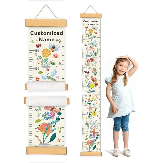 Woodemon Personalized Name Growth Chart for Wall, Flower Birds Canvas Height Chart for Kids Baby Child Toddler Boys Girls, Canvas&Wood Growth Chart for Wall Room Nursery Decor,Easy Care