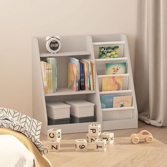 HedoAjim Gray Nursery Bookshelf for Kids 3 Tier Wood Shelf 4 Sling Baby Toddler Bookcase Book Rack with Adjustable Shelf for Boy Girl’s Gift Bedroom Playroom Nursery Classroom Church Kindergarten