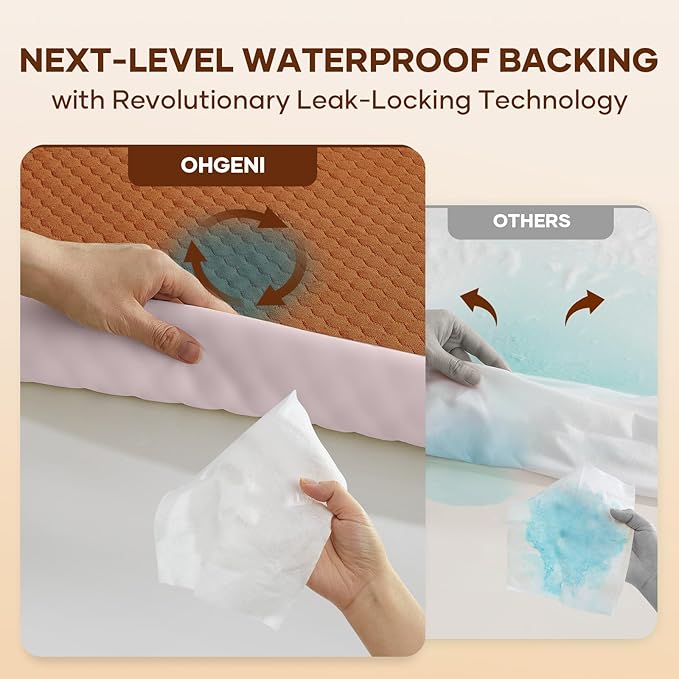 OhGeni 100% Waterproof Mattress Protector,Queen Size Mattress Soft Pad,Hair & Bedwetting Resistant,Cooling Breathable Fitted Sheets,Washable Bed Cover,Non-Slip Deep Pocket,Noiseless for Bedroom,Orange