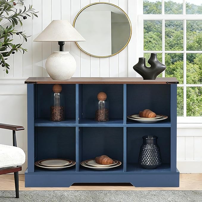 Puntogen 6 Cube Storage Organizer, Wood Cube Bookshelf with LED Lights, Horizontal Storage Cubes, Kids Bookshelf, Display Cabinet Cubby Shelf for Living Room Home Office Bedroom，Navy Blue