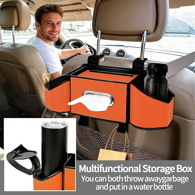 Oivjckx 7-In-1 Multifunctional Car Seat Back Organizer with Cup Holders, Tissue Box, Garbage Can & Hooks, Headrest Storage & Cup Holder for Backseat (Orange)