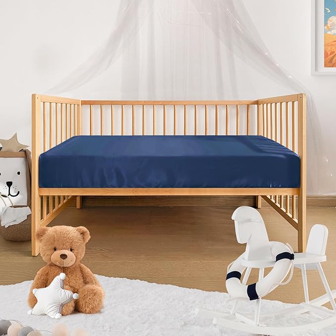 Pro Goleem Satin Soft Crib Sheet Great for Baby with Sensitive Hair Silky Baby Sheet Navy Blue 52’’x28’’x8’’ Fitted Sheet for Boys and Girls