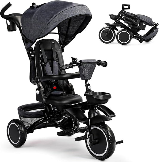 Folding Kids Tricycle, 8 in 1 Baby Trike W/Removable & Adjustable Canopy, Parent Handle, 5-Piont Safety Harness, Toddler Bike Stroller for Kids 1-6 Years, EVA Wheels, Storage Basket, Grey