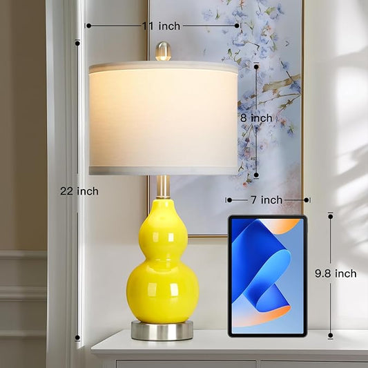 luxeflow Double Gourd Ceramic Table Lamps Set of 2, Yellow Modern Bedside Lamps for Living Room, Contemporary Nightstand Desk Lamps for Bedroom End Table Home Office Decor(2 LED Bulbs Included)