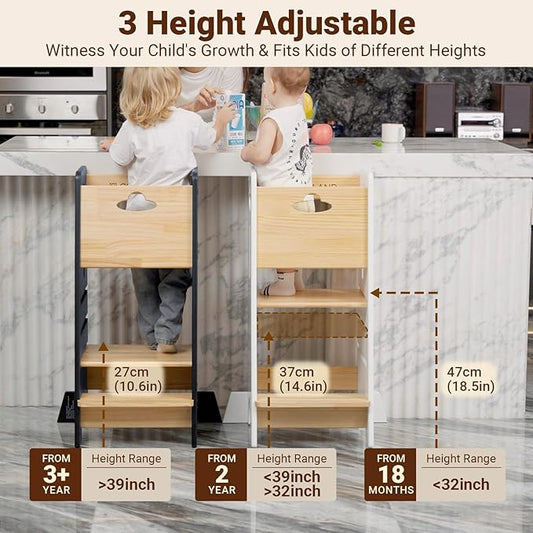 COSYLAND Toddler Standing Tower Adjustable Height - Super Stable Toddler Kitchen Stool Helper with Protive Panel - 3 Levels Adjustable Wooden Kitchen Stool for Kids (Natural & Dark Gray)