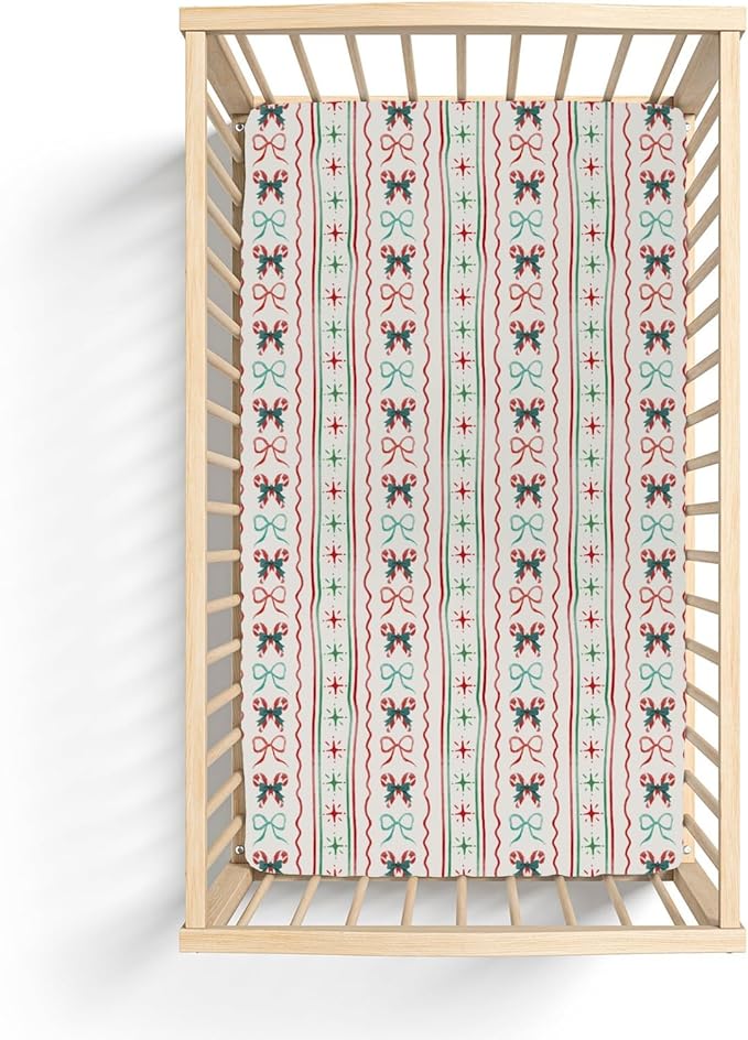 Red and Green Christmas Candy Stripes Bows Baby Crib Sheets for Boy Girl 52x28Inch Winter Christmas Soft Snug Fitted Crib Mattress Cover Festive Holiday Baby Sheet for Standard Crib & Toddler Mattress