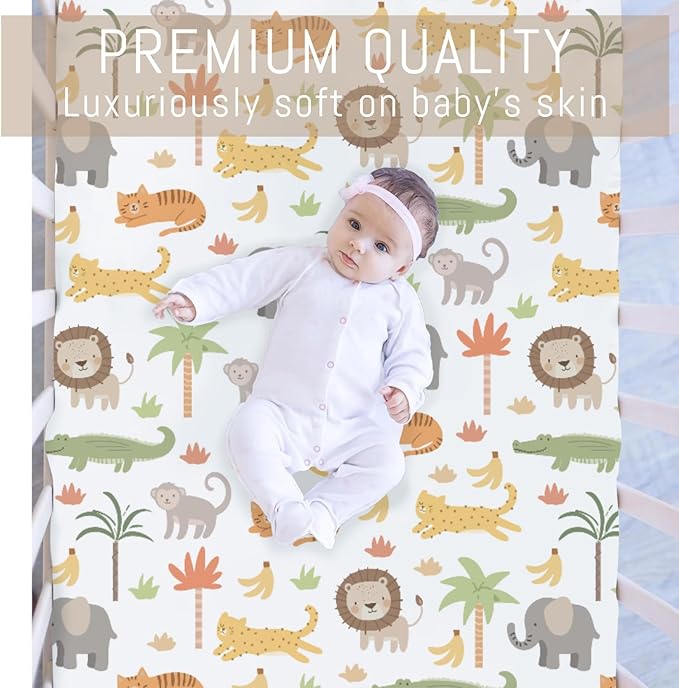Jungle Safari Animal Baby Crib Sheets for Boys Girls Cute Lion Leopard Elephant Monkey Soft Snug Fitted Crib Mattress Covers for 52''x28'' Standard Crib & Toddler Mattress Safari Adventure Bed Sheets