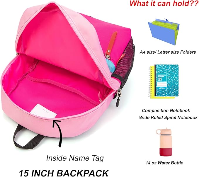 HawLander Little Kids Backpack for Boys or Girls, Toddler School Bag Fits 3 to 6 years old, Pink, 15 Inch