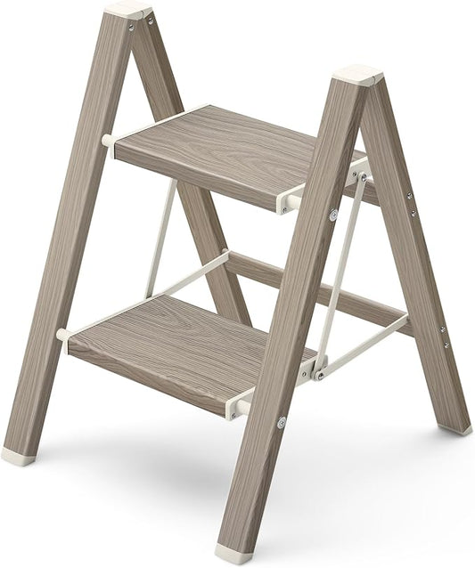 Mayi Plus 2 Step Ladder,Aluminum Folding Step Stool for Adults,Step Ladder with Wide Anti-Slip Pedal,330 lbs Capacity for Home,Kitchen,Library,Office,(Fir Woodgrain