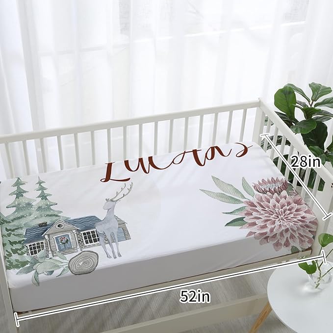 Custom Crib Bedding Set – Personalized Name Fawn Baby Bedding 5-Piece Set with Soft Blanket, Fitted Sheet, Changing Pad Cover, Rug and Wall Art – Sweet Woodland Theme Nursery Decor for Boys Girls