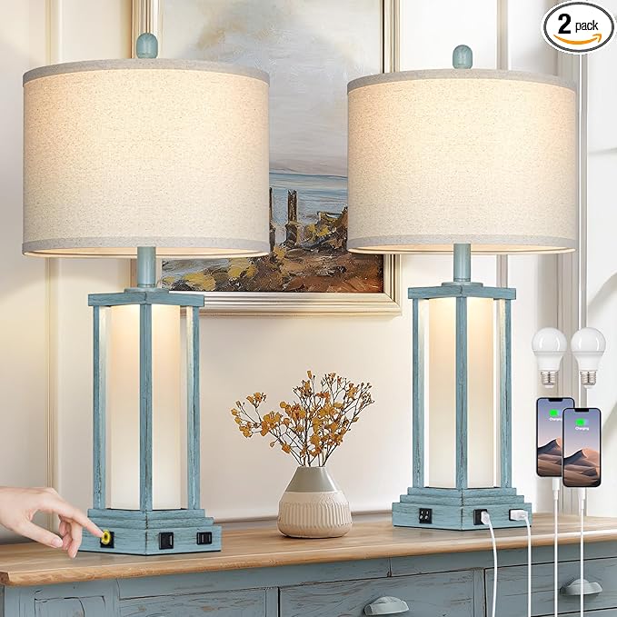 Cinkeda 27" Tall Vintage Table Lamp Set of 2 with USB C+A & Outlet,Nightstand Lamp for Living Room,Coastal Bedside Lamps with Frosted Glass Night Light for Bedroom Entryway,Blue