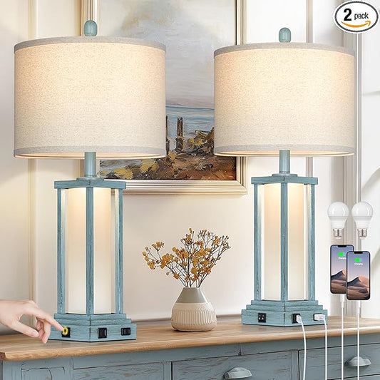 Cinkeda 27" Tall Vintage Table Lamp Set of 2 with USB C+A & Outlet,Nightstand Lamp for Living Room,Coastal Bedside Lamps with Frosted Glass Night Light for Bedroom Entryway,Blue