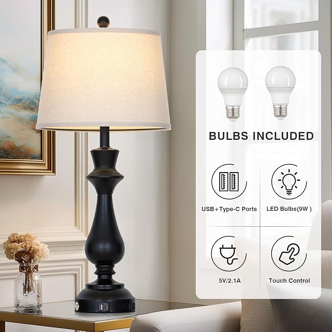 luxeflow Modern Black Table Lamps Set of 2 for Living Room,30" Tall Bedside Lamp with USB Charging Port,3-Way Dimmable Touch Nightstand Lamp for Bedroom Desk Side Table Office,Black