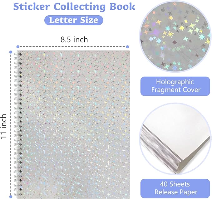 Dajino Large Reusable Sticker Book Collecting Album 8.5×11 Inch Sticker Storage Collection Organizer Book for Adult with 40 Sheets Letter Size Blank Release Paper and Holographic Cover (Little Star)