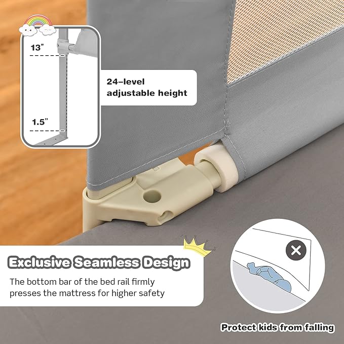 BABY JOY Bed Rail for Toddlers, 69’’ Extra Long, Height Adjustable & Foldable Baby Bed Rail Guard w/Storage Pocket & Double Safety Child Lock for Kids Twin Double Full Size Queen King Mattress (Gray)