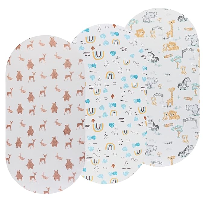 Onacosht Bassinet Sheets 3 Pack Fitted for Baby Boy and Girl, Stretchy Soft Knitted Baby Sheet Set Universal for Oval Rectangle and Hourglass Bassinet Mattress, Unisex Cute Animal Printing