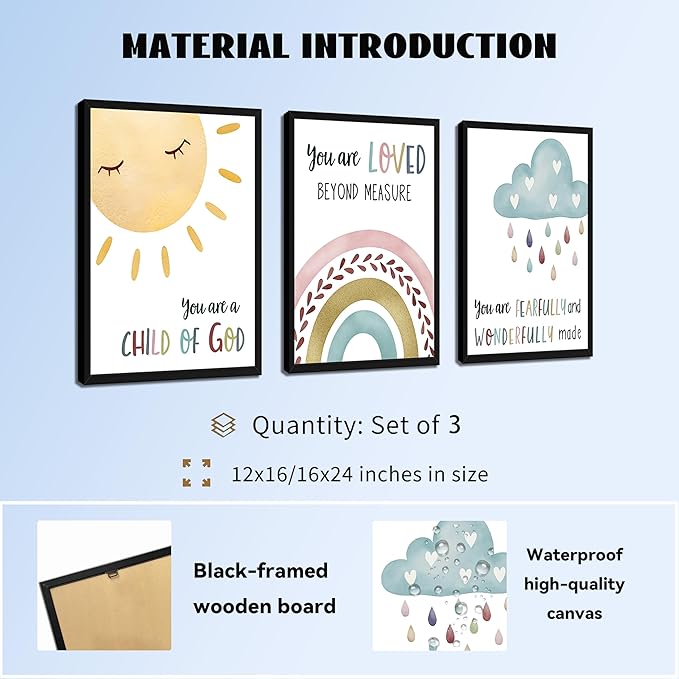 Kids Bible Verse Wall Art, Christian Scripture Wall Decor Paintings Set of 3, Nursery Rainbow Inspirational Posters Prints Pictures for Classroom Kids Room Baby Room Bedroom 16x24 Inch Wood Framed