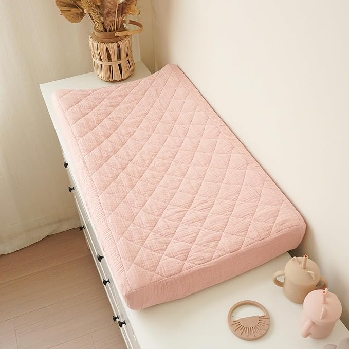 Konssy Waterproof Muslin Changing Pad Cover 2 Pack, Quilted Cotton Fitted Diaper Chang Table Cover, Soft Changing Pad Sheets for Girls Boys (Pink, Cream)