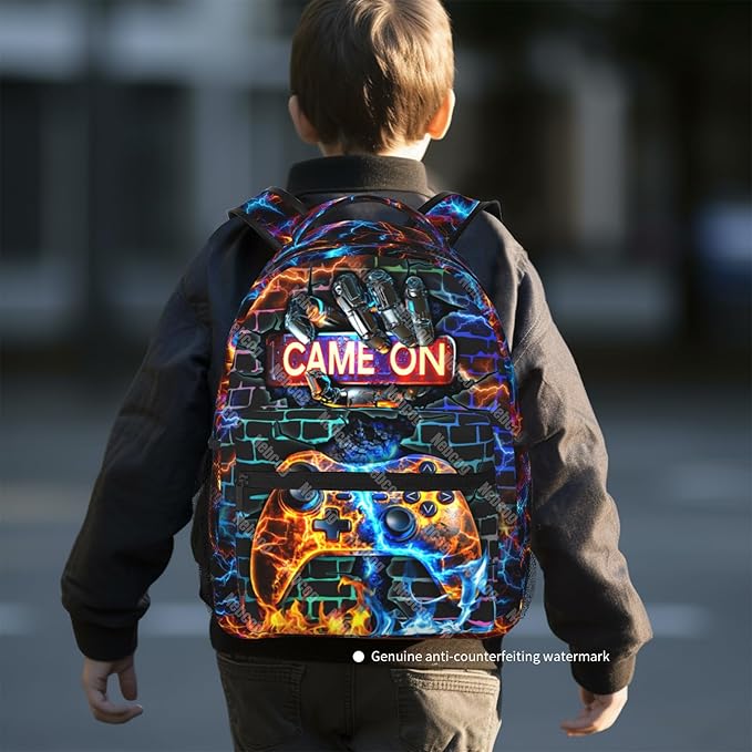 Nebcog School Backpack for Boys Gamer Boys Backpack for Kids Children Elementary Middle School Video Game Bookbag Backpacks for 6-18 Waterproof Lightweight 17 Inches Travel Back Pack