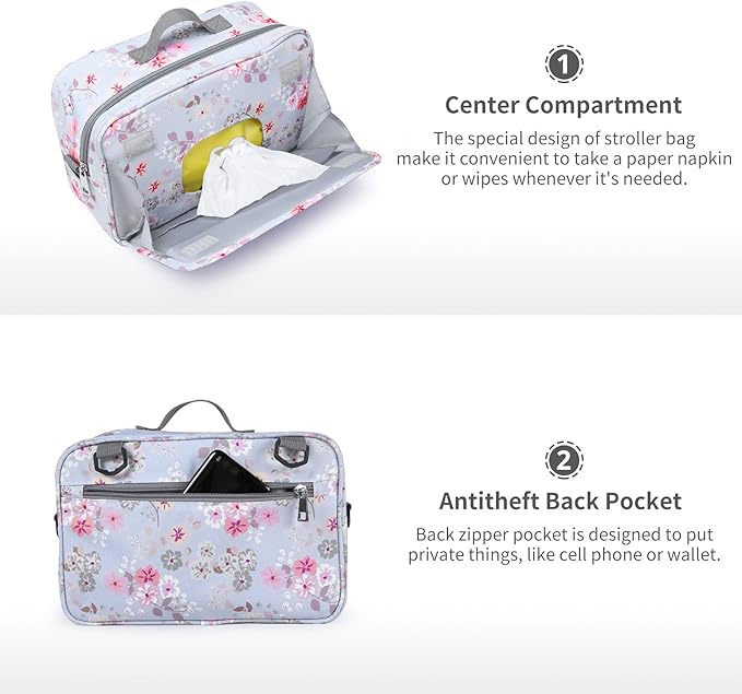 GOGOSO Baby Stroller Organizer Bag with Insulated Pocket, Universal Fit Most Strollers, Space for Diapers, Wipes & Toys, Flowers
