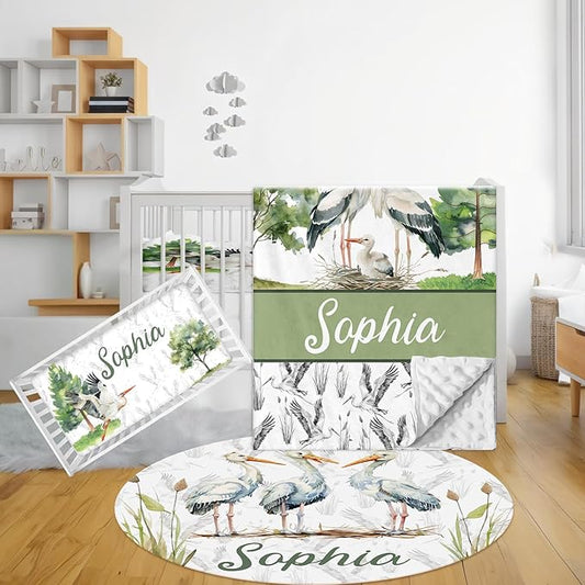 Custom Crib Bedding Set - 3 Pcs Personalized Name Baby Bedding Set for Nursery - Cute Double Layer Baby Crib Set for Boys Girls, Customized Gifts for Infant Toddler New Parents - Green Crane