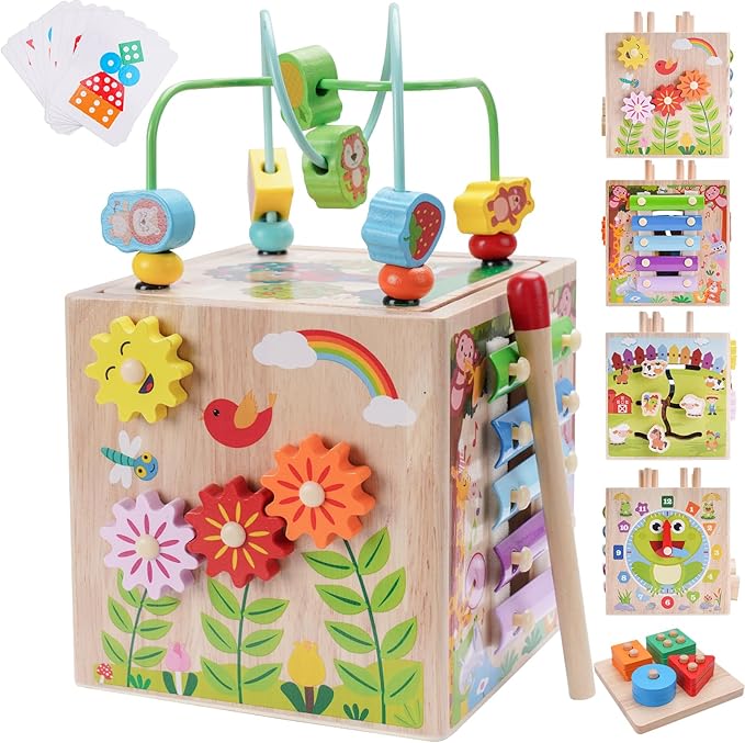 Wooden Activity Cube | Montessori Toys for 1 2 3 Year Old Toddlers | One Year Old 1st 2st First Birthday Gift | Educational Toys for 12+ Months Baby Boys Girls | Bonus Sorting & Stacking Game (Blue)