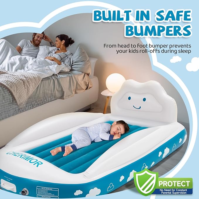 Inflatable Toddler Travel Bed, Portable Toddler Bed with 4-Sides Safety Bumpers & Fast Auto Inflation Pump, Kids Air Mattress for Travel Camping, Grandma's Home Sleepovers Blow Up Mattress