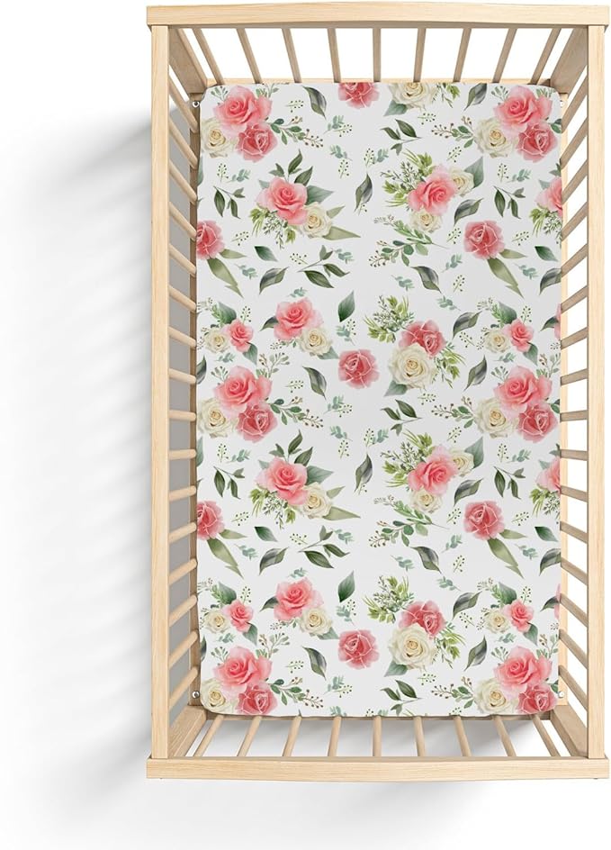 Bloom Rose Green Leaves Baby Crib Sheets for Boy Girl 52"x28" Boho Floral Soft Stretchy Fitted Crib Mattress Cover Spring Summer Flowers Nursery Baby Sheet for Standard Crib & Toddler Bed Mattress