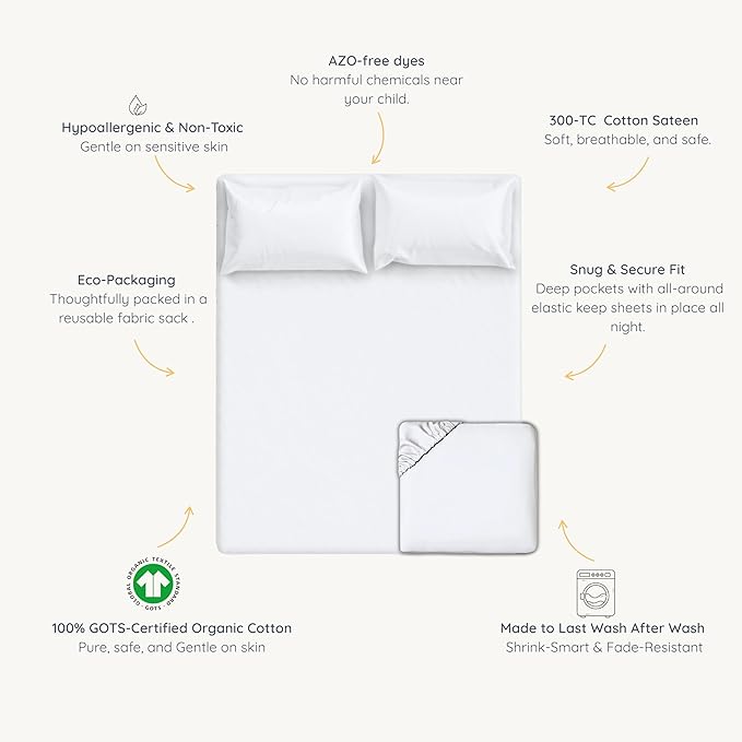 MakeMake Organics Organic Queen Fitted Sheet Set GOTS Certified Organic Cotton Fitted Sheet with 2 Pillowcase Ultra Soft Non Toxic Breathable Hypoallergenic Colorful Neutral (Queen, Solid Ivory)