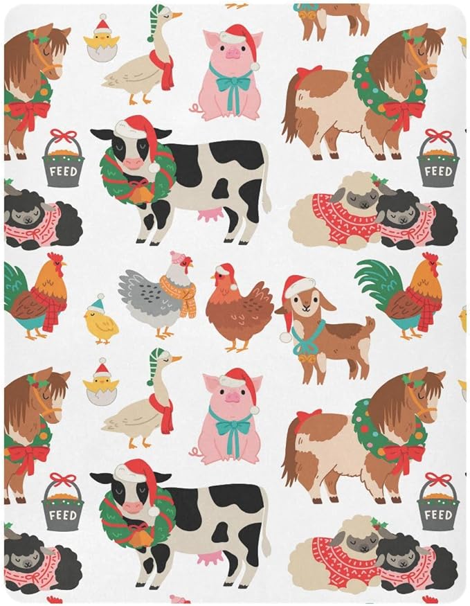 Christmas Farm Animals Crib Sheets Soft Breathable Fitted Baby Playard Sheets Mattress Cover for Girl Boys, 39" x 27" x 5"