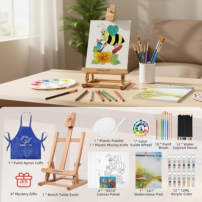 Falling in Art Painting Set for Kids with Table Easel, Acrylic Painting Starter Kit with Art Smock, Acrylic Paints, Colored Pencils, Paint Brushes, Canvas Panels and Watercolor Pad for Christmas Gift