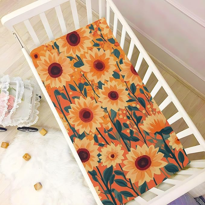 Orange Sunflowers and Poppy Flowers Crib Sheets Standard Crib Toddler Mattresses Cover Fitted Baby Bed Sheet Breathable Crib Mattress Sheet for Girls Boys 39''x27''x9''