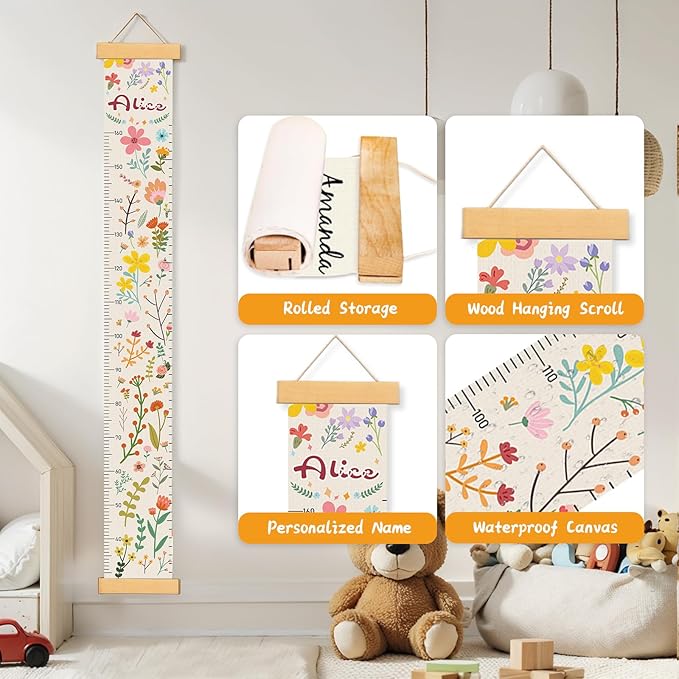 Woodemon Personalized Name Growth Chart for Wall, Painted Plants Canvas Height Chart for Kids Baby Child Toddler, Canvas Growth Chart for Wall Nursery Decor, Hangable & Waterproof