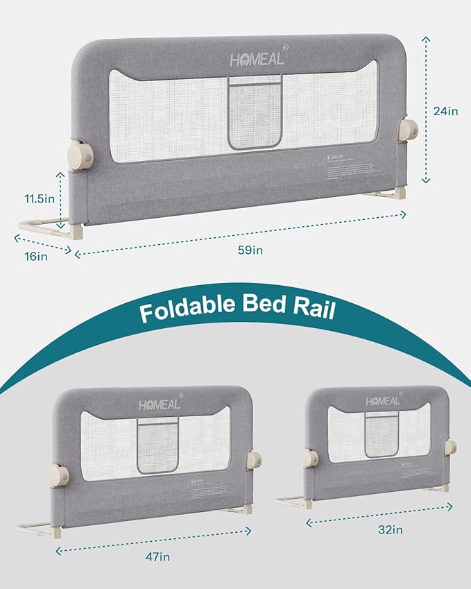 HOMEAL Bed Rail for Toddlers, 59in Swing Down Baby Bed Rail Guard, Toddler Bed Rails for King Size Beds, Twin, Full, Queen, Bed Guard Rail for Toddlers, Grey