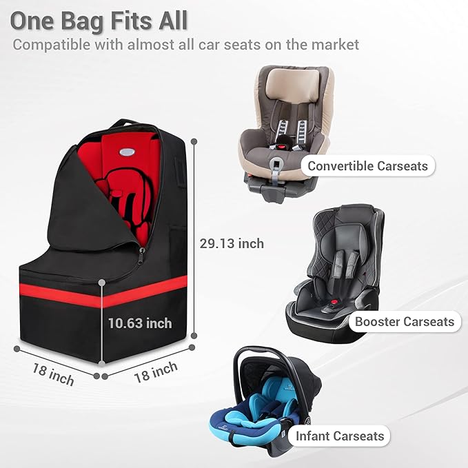 ProFaster Car Seat Travel Bag - Padded, Comfortable, Durable, Roomy Gate Check Carseat Cover Backpack Fits 3-in-1，Convertible, Booster & Infant Car Seats for Airplane, Airport, Red