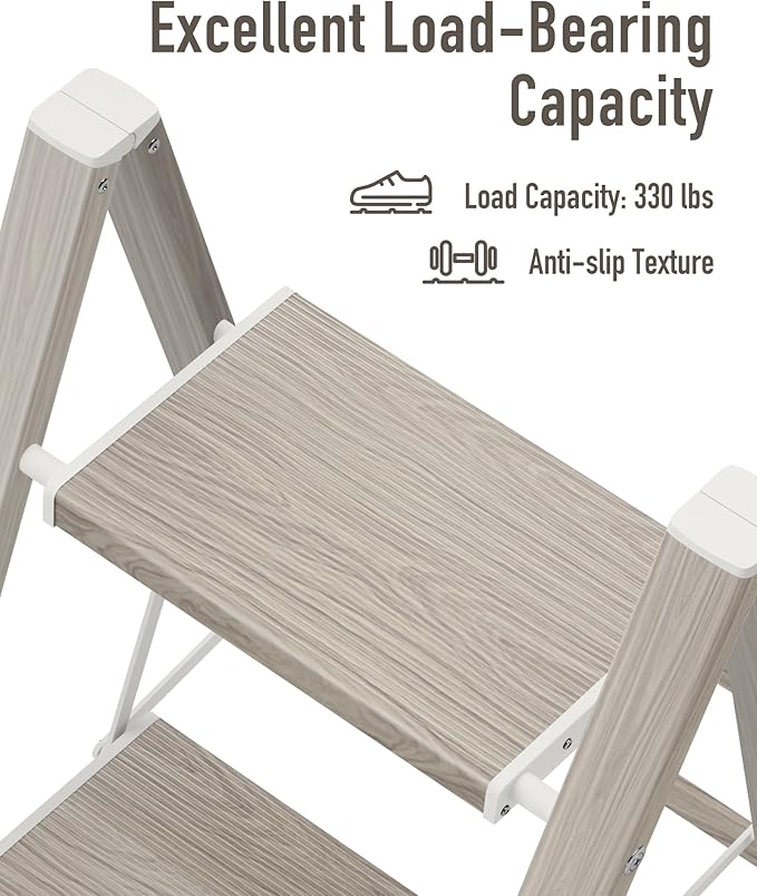 Mayi Plus 3 Step Ladder,Aluminum Folding Step Stool for Adults,Step Ladder with Wide Anti-Slip Pedal,330 lbs Capacity for Home,Kitchen,Library,Office(Fir Woodgrain)