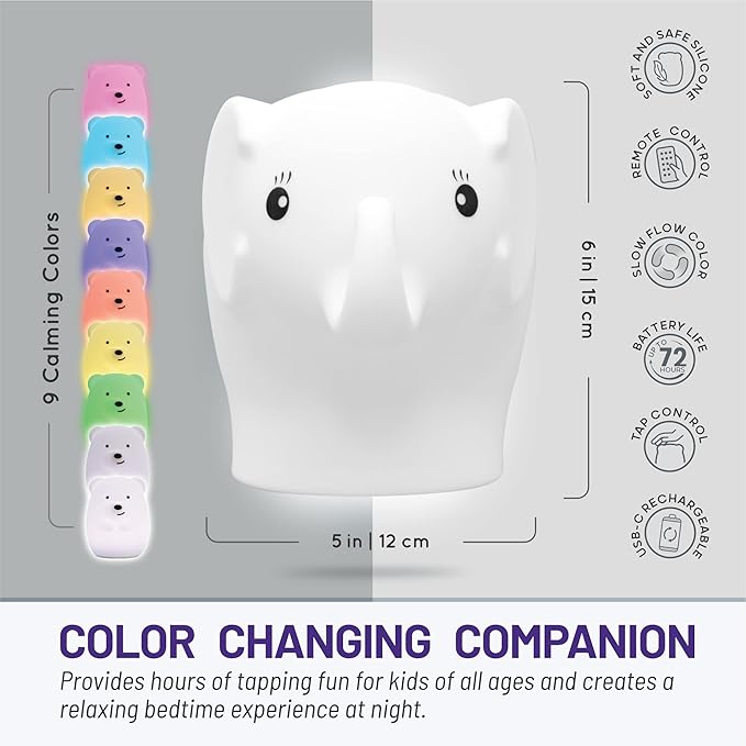 LumiPets Eggbert the Elephant Squishy Night Light for Kids | Silicone Nightlight with Tap, Remote Control | Rechargeable Color Changing Animal Light for Girls & Boys | Portable Mood Lamp With USB Cord