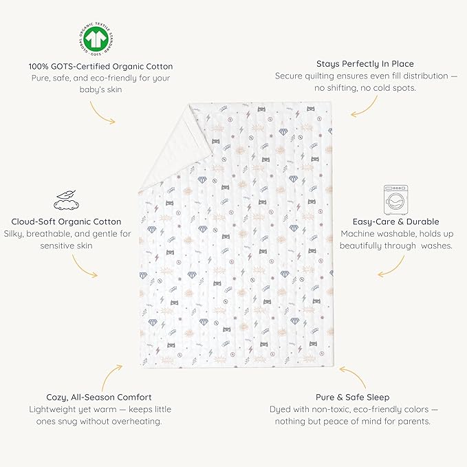 MakeMake Organics Organic Toddler Comforter GOTS Certified Organic Kids Blanket Cotton Infill Tufted - Reversible Ultra Soft Breathable Boys Girls Superheros(44"x60", Mighty Heros)