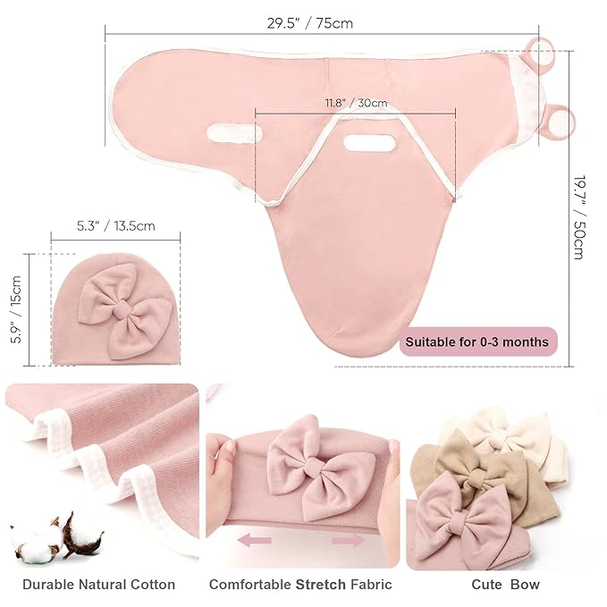 DRESHOW BQUBO 3 Pack Baby Swaddle Sleep Sacks Baby Swaddling Blanket Wrap Newborn Swaddle Sack with Big Bow Hat for Boys Girls 6-12 Lbs Newborns & 0-3 Months Girls Boys