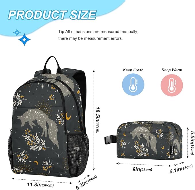 Jucciaco Magical Fox Stars Moons Boho Backpack with Lunch Bag, School Backpack for Teens Boys Girls Kids Travel Backpacks Set