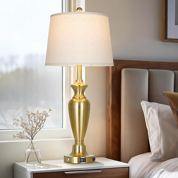 luxeflow Gold Table Lamp for Living Room Single, 30″ Tall Touch Control Bedside Lamp for Nightstand, 3-Way Dimmable Bedroom Lamp with USB A+C Ports and AC Outlet (1 Pack)