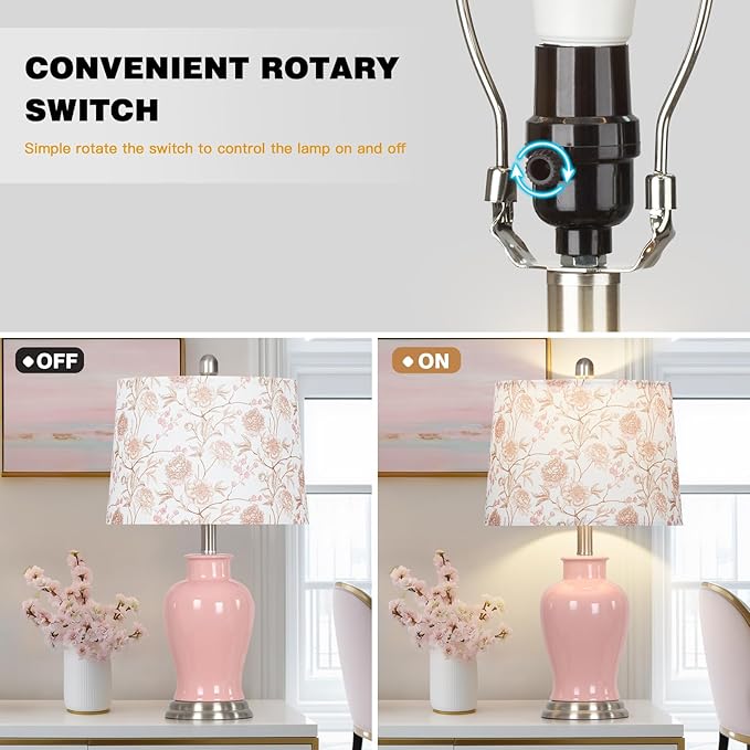 luxeflow Pink Ceramic Table Lamp with Flower Lampshade, 23" Cute Ceramic Bedside Lamp with Ginger Jar Design, Modern Living Room Lamps Set 2, Elegant Bedroom Lamps for Nightstand Desk Side Home Decor