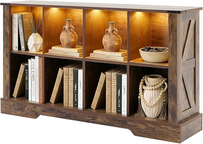 Puntogen 8 Cube Storage Organizer, Wood Cube Bookshelf with LED Lights, Horizontal Storage Cubes, Kids Bookshelf, Display Cabinet Cubby Shelf for Living Room Home Office Bedroom，Brown