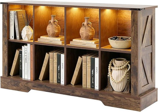 Puntogen 8 Cube Storage Organizer, Wood Cube Bookshelf with LED Lights, Horizontal Storage Cubes, Kids Bookshelf, Display Cabinet Cubby Shelf for Living Room Home Office Bedroom，Brown
