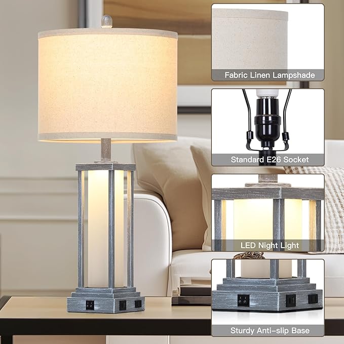 Cinkeda 27" Tall Vintage Table Lamp Set of 2 with USB C+A & Outlet,Gray Nightstand Lamp for Living Room,Retro Bedside Lamps with Frosted Glass Night Light for Bedroom Entryway,Grey