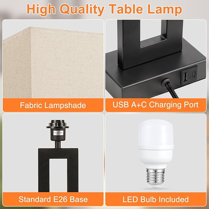 Modern 22" Tall Bedside Lamps for Night Stands - Touch 3 Way Dimmable Bedroom Lamps (Set of 2) with USB C+A (Beige & Black)